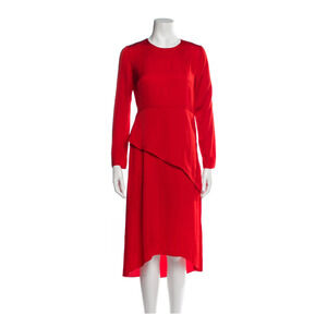 MAJE Remania satin tiered a-line long sleeve crew neck red dress